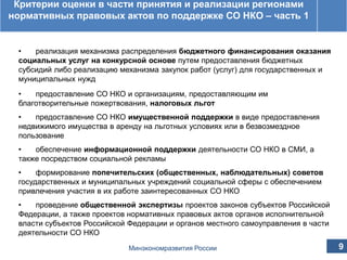 Принятые изменения в постановление Правительства
Российской Федерации от 23 августа 2011 г. № 713
Критерии оценки в части принятия и реализации регионами
нормативных правовых актов по поддержке СО НКО – часть 1
• реализация механизма распределения бюджетного финансирования оказания
социальных услуг на конкурсной основе путем предоставления бюджетных
субсидий либо реализацию механизма закупок работ (услуг) для государственных и
муниципальных нужд
• предоставление СО НКО и организациям, предоставляющим им
благотворительные пожертвования, налоговых льгот
• предоставление СО НКО имущественной поддержки в виде предоставления
недвижимого имущества в аренду на льготных условиях или в безвозмездное
пользование
• обеспечение информационной поддержки деятельности СО НКО в СМИ, а
также посредством социальной рекламы
• формирование попечительских (общественных, наблюдательных) советов
государственных и муниципальных учреждений социальной сферы с обеспечением
привлечения участия в их работе заинтересованных СО НКО
• проведение общественной экспертизы проектов законов субъектов Российской
Федерации, а также проектов нормативных правовых актов органов исполнительной
власти субъектов Российской Федерации и органов местного самоуправления в части
деятельности СО НКО
9Минэкономразвития России
 