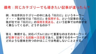 備考：同じカテゴリーでも導きたい記事が違ったら？
例：年功序列カテゴリーの中にある「職務給」というキーワー
ド・・・我が社では「職務給」を採用する。という記事の文と、
我が社では「職務給」の採用を見送る。という記事では内容が全
く異なってくるが、どうするのか？
答え：無視する。対応バブルにおいて重要なのはそのキーワード
が記事で出てくる回数＝注目度であり、記事でそのキーワードが
どのような意味を持つのかはここでは考慮しないこととする。
104
 