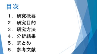 目次
１．研究概要
２．研究目的
３．研究方法
４．分析結果
５．まとめ
６．参考文献 2
 