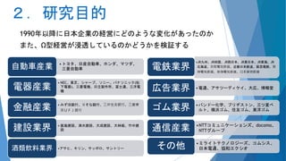 ２．研究目的
1990年以降に日本企業の経営にどのような変化があったのか
また、Ω型経営が浸透しているのかどうかを検証する
•トヨタ、日産自動車、ホンダ、マツダ、
三菱自動車自動車産業
• NEC、東芝、シャープ、ソニー、パナソニック(松
下電器)、三菱電機、日立製作所、富士通、三洋電
機
電器産業
• みずほ銀行、りそな銀行、三井住友銀行、三菱東
京ＵＦＪ銀行金融産業
• 鹿島建設、清水建設、大成建設、大林組、竹中建
設建設業界
•アサヒ、キリン、サッポロ、サントリー酒類飲料業界
•JR九州、JR四国、JR西日本、JR東日本、JR東海、JR
北海道、京阪電気鉄道、近畿日本鉄道、阪急電鉄、阪
神電気鉄道、南海電気鉄道、日本貨物鉄道
電鉄業界
•電通、アサツーディケイ、大広、博報堂広告業界
•バンドー化学、ブリヂストン、三ツ星ベ
ルト、横浜ゴム、住友ゴム、東洋ゴムゴム業界
•NTTコミュニケーションズ、docomo、
NTTグループ通信産業
•ミライトテクノロジーズ、コムシス、
日本電通、協和エクシオその他 6
 