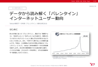 Yahoo! JAPAN Ads White Paper
Copyright (C) 2016 Yahoo Japan Corporation. All Rights Reserved. 無断引用・転載禁止
シーズナリティー
2016/1/19
データから読み解く「バレンタイン」
インターネットユーザー動向
Yahoo!検索データ利用「バレンタイン」傾向分析2016
1/14
はじめに
約1カ月後に迫った「バレンタイン」。最近では「義理チョ
コ」「本命チョコ」に「友チョコ」なども加わり、検索され
ているクエリもバリエーションに富んだものが見られるよう
になってきました。また、“手作り”に関するレシピ検索も盛
んです。今回は、この時期よりますます関心が高まる「バレ
ンタイン」について、Yahoo! JAPAN検索データの分析結果
を紹介します。2015年の検索傾向※からも読み取れる通り、
ここからが本番。これらのデータを参考に、ぜひ広告施策を
今一度見直してみてください。 1月1日 1月8日 1月15日 1月22日 1月29日 2月5日 2月12日 2月19日 2月26日
検索クエリ「バレンタイン」の検索数推移
2月14日
※検索クエリ「バレンタイン」の検索数推移：
Yahoo!検索における全デバイス（パソコン/スマートフォン/タブレット）
（2015年の1月1日～2月28日)
 