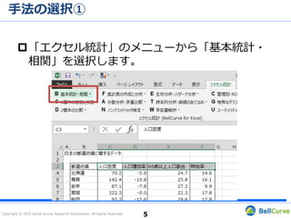 Copyright © 2015 Social Survey Research Information. All Rights Reserved.
手法の選択①
5
「エクセル統計」のメニューから「基本統計・
相関」を選択します。
 