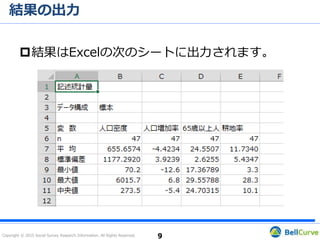 Copyright © 2015 Social Survey Research Information. All Rights Reserved.
結果の出力
結果はExcelの次のシートに出力されます。
9
 