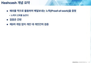● 해쉬를 역으로 활용하여 메일보내는 노력(Proof-of-work)을 증명
• 노력이 신뢰를 높인다
● 검증은 간편
● 제3자 개입 없이 개인 대 개인간의 검증
Hashcash 개념 요약
15
 