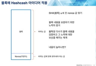 블록에 Hashcash 아이디어 적용
18
블록
Nonce(카운터)
바뀌는 값
바뀌는 값에 맞춰 찾아내야 하는 값
블록 내용을 보증하기 위한
노력의 증거
불특정 다수가 블록 내용을
검증하고 그 노력에 대한
보상을 해주는 체계
내용이 늘어나면?
SHA(블록) ≤ K 인 nonce 값 찾기
 