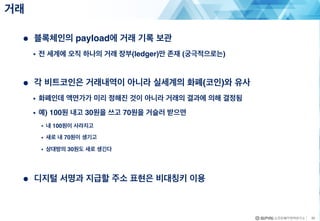 ● 블록체인의 payload에 거래 기록 보관
• 전 세계에 오직 하나의 거래 장부(ledger)만 존재 (궁극적으로는)
● 각 비트코인은 거래내역이 아니라 실세계의 화폐(코인)와 유사
• 화폐인데 액면가가 미리 정해진 것이 아니라 거래의 결과에 의해 결정됨
• 예) 100원 내고 30원을 쓰고 70원을 거슬러 받으면
• 내 100원이 사라지고
• 새로 내 70원이 생기고
• 상대방의 30원도 새로 생긴다
● 디지털 서명과 지급할 주소 표현은 비대칭키 이용
거래
32
 