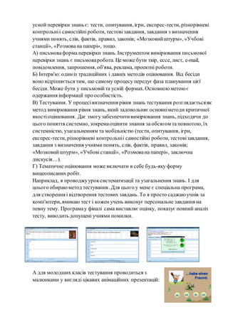 усной перевірки знань є: тести, опитування, ігри, експрес-тести, різнорівневі
контрольніі самостійні роботи, тестовізавдання, завдання з визначення
учнями понять, слів, фактів, правил, законів; «Мозковийштурм», «Учбові
станції», «Розмована папері», тощо.
А) письмоваформа перевірки знань. Інструментом вимірювання письмової
перевірки знань є письмоваробота. Це може бути твір, ессе, лист, e-mail,
повідомлення, запрошення, об'ява, реклама, проектні роботи.
Б) Інтерв'ю: одиніз традиційних і давніх методів оцінювання. Від бесіди
воно відрізняється тим, що самому процесу передує фаза планування цієї
бесіди. Може бути у письмовійта усній формах. Основноюметоює
одержання інформації про особистість.
В) Тестування. У процесівизначення рівня знань тестування розглядаєтьсяяк
метод вимірювання рівня знань, який задовольняє основніметоди критичної
якостіоцінювання. Дає змогузабезпечитивимірювання знань, підходячи до
цього поняття системно, зокремаоцінити знання за обсягом та повнотою, їх
системністю, узагальненням та мобільністю (тести, опитування, ігри,
експрес-тести, різнорівневі контрольніі самостійні роботи, тестовізавдання,
завдання з визначення учнями понять, слів, фактів, правил, законів;
«Мозковийштурм», «Учбовістанції», «Розмована папері», заключна
дискусія…).
Г) Тематичне оцінювання може включати в себе будь-яку форму
вищеописаних робіт.
Наприклад, я проводжууроксистематизації та узагальнення знань. І для
цоього обираюметод тестування. Для цього у мене є спеціальна програма,
для створення і відтворення тестових завдань. То я просто саджаюучнів за
комп'ютери, вмикаю тест і кожен учень виконує персональне завдання на
певну тему. Програмау фіналі сама виставляє оцінку, показує повний аналіз
тесту, виводить допущені учнями помилки.
А для молодших класів тестування проводиться з
малюнками у вигляді цікавих анімаційних презентацій:
 