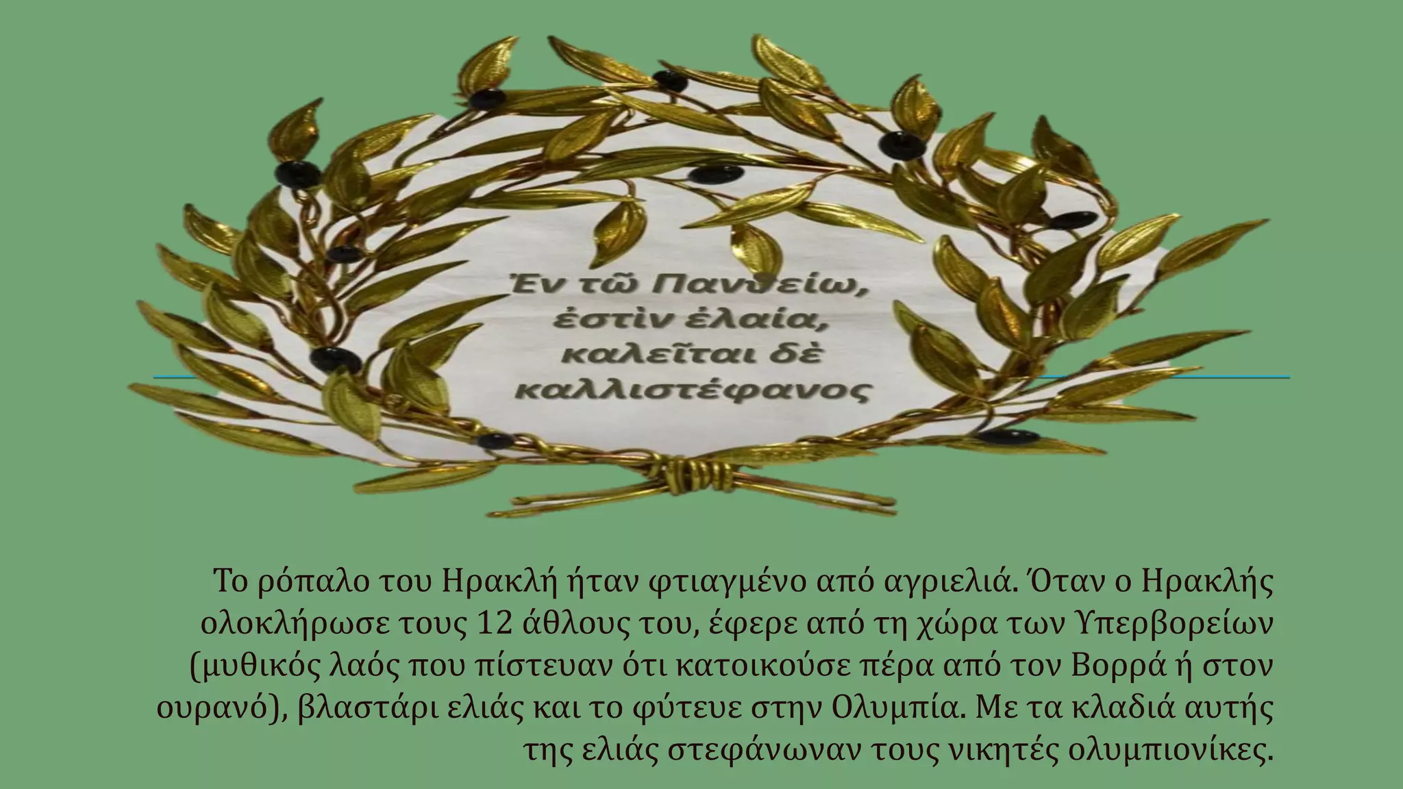 Το ρόπαλο του Ηρακλή ήταν φτιαγμένο από αγριελιά. Όταν ο Ηρακλής
ολοκλήρωσε τους 12 άθλους του, έφερε από τη χώρα των Υπερβορείων
(μυθικός λαός που πίστευαν ότι κατοικούσε πέρα από τον Βορρά ή στον
ουρανό), βλαστάρι ελιάς και το φύτευε στην Ολυμπία. Με τα κλαδιά αυτής
της ελιάς στεφάνωναν τους νικητές ολυμπιονίκες.
 