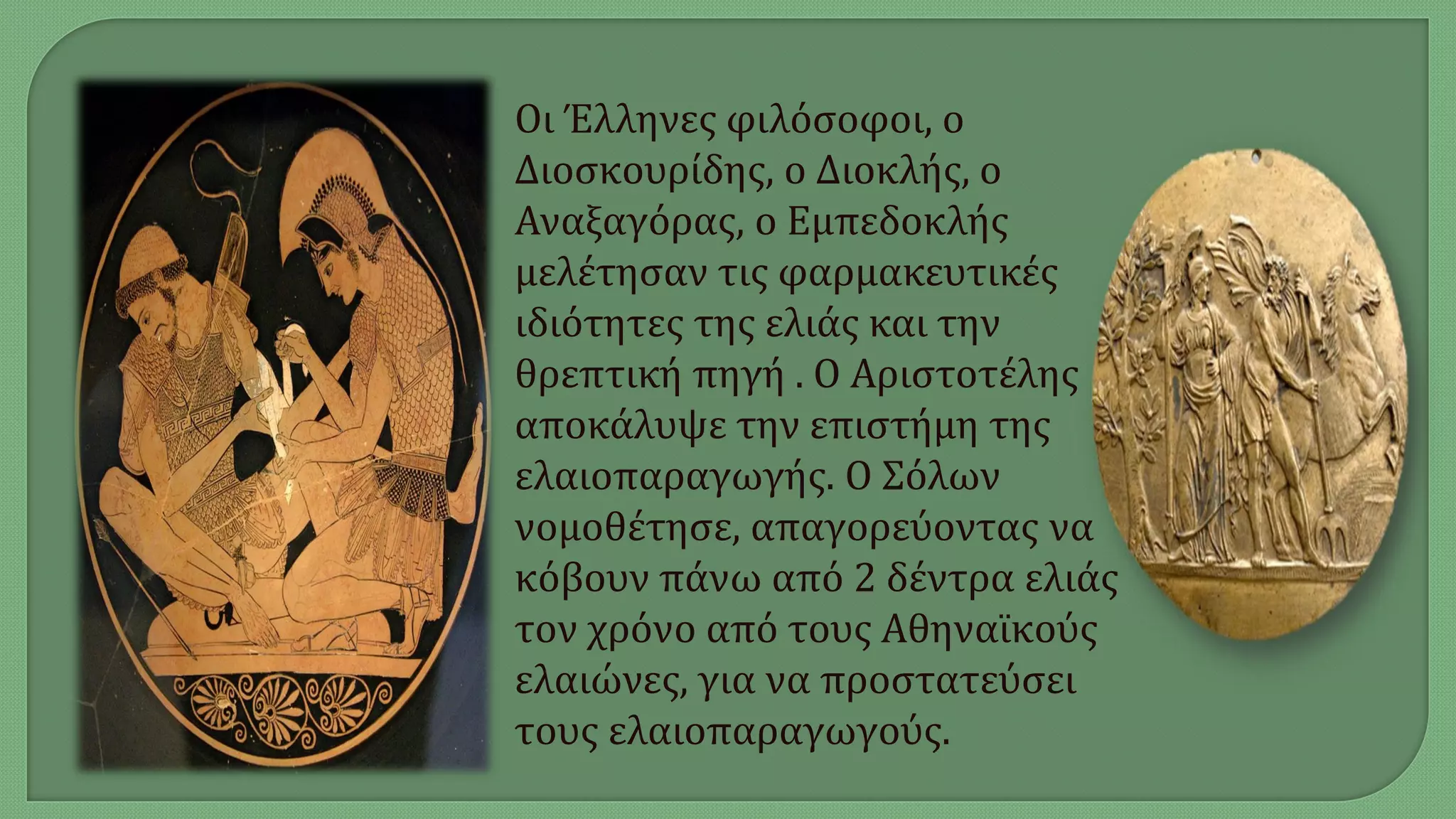 Οι Έλληνες φιλόσοφοι, ο
Διοσκουρίδης, ο Διοκλής, ο
Αναξαγόρας, ο Εμπεδοκλής
μελέτησαν τις φαρμακευτικές
ιδιότητες της ελιάς και την
θρεπτική πηγή . Ο Αριστοτέλης
αποκάλυψε την επιστήμη της
ελαιοπαραγωγής. Ο Σόλων
νομοθέτησε, απαγορεύοντας να
κόβουν πάνω από 2 δέντρα ελιάς
τον χρόνο από τους Αθηναϊκούς
ελαιώνες, για να προστατεύσει
τους ελαιοπαραγωγούς.
 