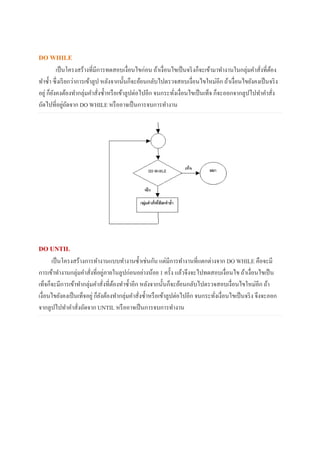 DO WHILE
เป็นโครงสร้างที่มีการทดสอบเงื่อนไขก่อน ถ้าเงื่อนไขเป็นจริงก็จะเข้ามาทางานในกลุ่มคาสั่งที่ต้อง
ทาซ้า ซึ่งเรียกว่าการเข้าลูป หลังจากนั้นก็จะย้อนกลับไปตรวจสอบเงื่อนไขใหม่อีก ถ้าเงื่อนไขยังคงเป็นจริง
อยู่ ก็ยังคงต้องทากลุ่มคาสั่งซ้าหรือเข้าลูปต่อไปอีก จนกระทั่งเงื่อนไขเป็นเท็จ ก็จะออกจากลูปไปทาคาสั่ง
ถัดไปที่อยู่ถัดจาก DO WHILE หรืออาจเป็นการจบการทางาน
DO UNTIL
เป็นโครงสร้างการทางานแบบทางานซ้าเช่นกัน แต่มีการทางานที่แตกต่างจาก DO WHILE คือจะมี
การเข้าทางานกลุ่มคาสั่งที่อยู่ภายในลูปก่อนอย่างน้อย 1 ครั้ง แล้วจึงจะไปทดสอบเงื่อนไข ถ้าเงื่อนไขเป็น
เท็จก็จะมีการเข้าทากลุ่มคาสั่งที่ต้องทาซ้าอีก หลังจากนั้นก็จะย้อนกลับไปตรวจสอบเงื่อนไขใหม่อีก ถ้า
เงื่อนไขยังคงเป็นเท็จอยู่ ก็ยังต้องทากลุ่มคาสั่งซ้าหรือเข้าลูปต่อไปอีก จนกระทั่งเงื่อนไขเป็นจริง จึงจะออก
จากลูปไปทาคาสั่งถัดจาก UNTIL หรืออาจเป็นการจบการทางาน
 
