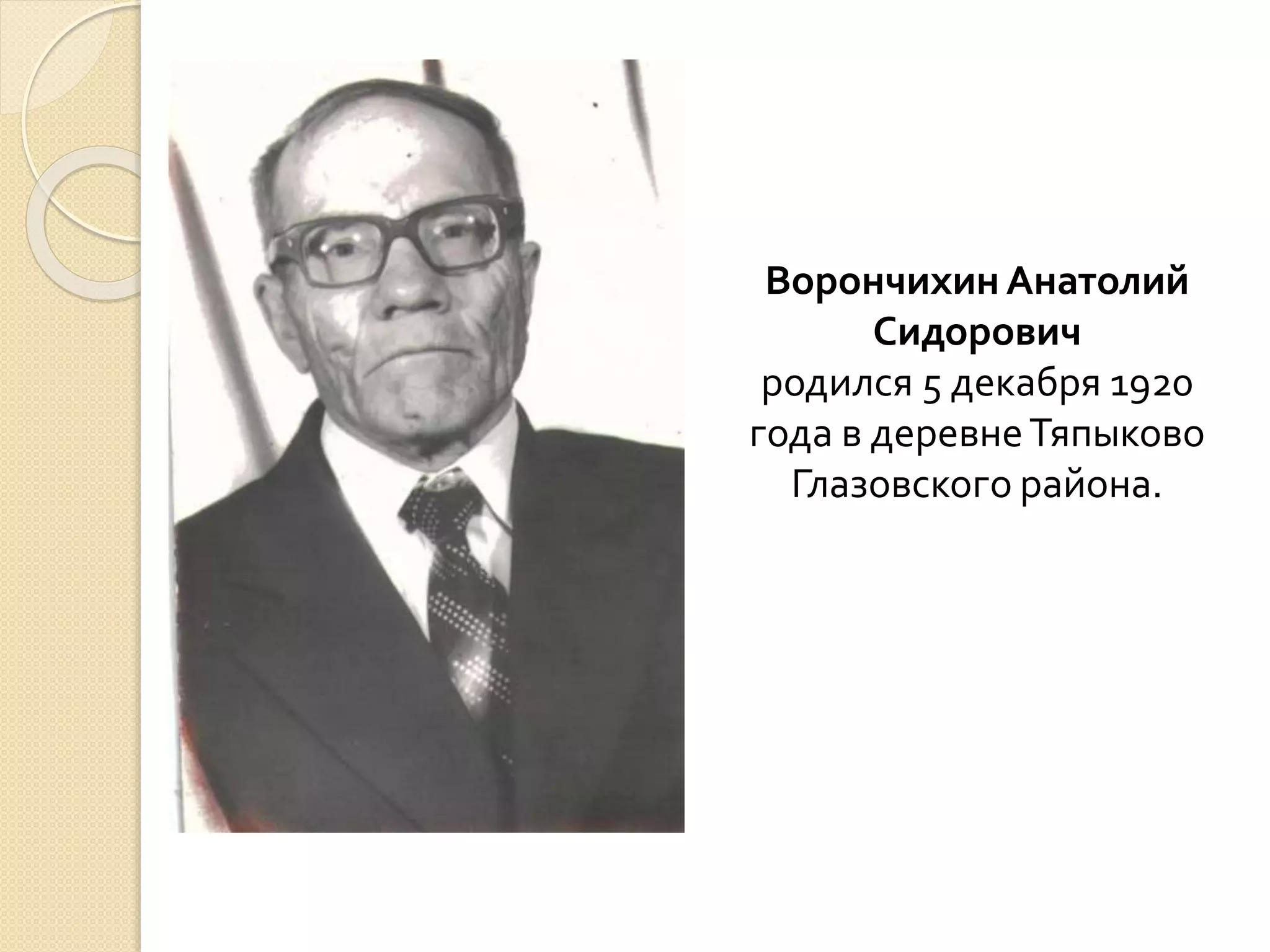 Ворончихин Анатолий
Сидорович
родился 5 декабря 1920
года в деревнеТяпыково
Глазовского района.
 