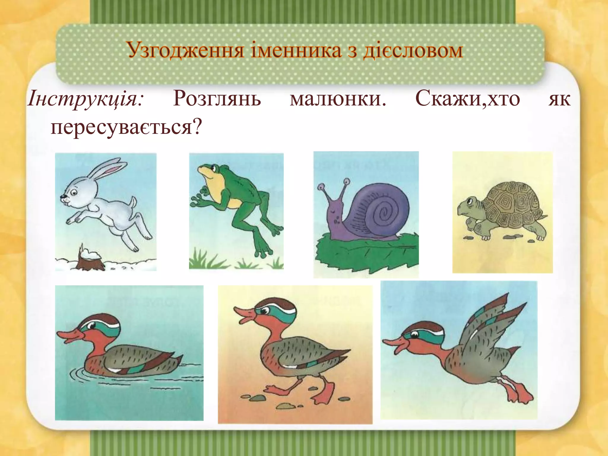 Інструкція: Розглянь малюнки. Скажи,хто як
пересувається?
 