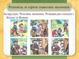 Інструкція: Розглянь малюнки. Розкажи,що сталося з
Катею та Вовою.
 