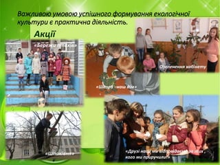 Важливою умовою успішного формування екологічної
культури є практична діяльність.
Акції
«Бережи птахів»
«Шпаківня»
«Школа –наш дім»
«Друзі наші ми відповідаємо за тих ,
кого ми приручили!»
Озеленення кабінету
Юлія Дворак
 