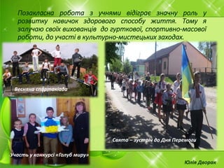 Позакласна робота з учнями відіграє значну роль у
розвитку навичок здорового способу життя. Тому я
залучаю своїх вихованців до гурткової, спортивно-масової
роботи, до участі в культурно-мистецьких заходах.
Весняна спартакіада
Участь у конкурсі «Голуб миру»
Свято – зустріч до Дня Перемоги
Юлія Дворак
 