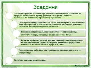 Завдання
Оволодіння учнями знаннями про способи відповідального ставлення до
природи, механізм його прояву, розвиток у них умінь і навичок
відповідальної поведінки у природному середовищі
Цілеспрямована організація позакласної виховної роботи,що забезпечує
виявлення учнями відповідального ставлення до природи,практичну
готовність до природоохоронної діяльності
Виховання відповідального і шанобливого відношення до
оточуючого середовища і до всього живого на Землі
Розвиток доцільних моделей взаємин у системі «природа-людина» з
метою забезпечення сприятливих умов ,оптимізації формування
відповідального ставлення до природи в учнів
Попередження руйнівного антропогенного впливу на оточуюче
середовище
Вивчення природи рідного краю.
Юлія Дворак
 