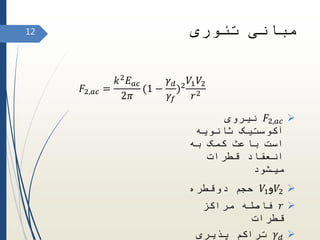 𝐹2,𝑎𝑐‫نیروی‬
‫ثانویه‬ ‫آکوستیک‬
‫به‬ ‫کمک‬ ‫باعث‬ ‫است‬
‫قطرات‬ ‫انعقاد‬
‫میشود‬
𝑉1‫𝑉و‬2‫دوقطره‬ ‫حجم‬
𝑟‫مراکز‬ ‫فاصله‬
‫قطرات‬
𝛾 𝑑‫پذیری‬ ‫تراکم‬
12
𝐹2,𝑎𝑐 =
𝑘2
𝐸 𝑎𝑐
2𝜋
(1 −
𝛾 𝑑
𝛾𝑓
)2
𝑉1 𝑉2
𝑟2
‫تئوری‬ ‫مبانی‬
 