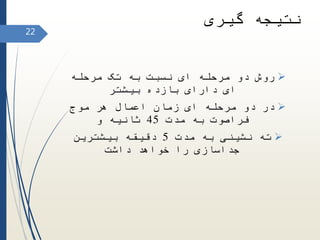 ‫گیری‬ ‫نتیجه‬
‫مرحله‬ ‫تک‬ ‫به‬ ‫نسبت‬ ‫ای‬ ‫مرحله‬ ‫دو‬ ‫روش‬
‫بیشتر‬ ‫بازده‬ ‫دارای‬ ‫ای‬
‫موج‬ ‫هر‬ ‫اعمال‬ ‫زمان‬ ‫ای‬ ‫مرحله‬ ‫دو‬ ‫در‬
‫مدت‬ ‫به‬ ‫فراصوت‬45‫و‬ ‫ثانیه‬
‫مدت‬ ‫به‬ ‫نشینی‬ ‫ته‬5‫بیشترین‬ ‫دقیقه‬
‫داشت‬ ‫خواهد‬ ‫را‬ ‫جداسازی‬
22
 