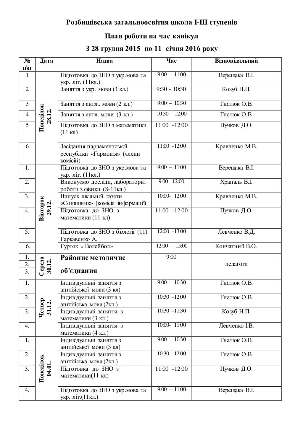 план роботи на зимові канікули