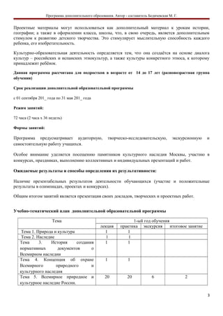 Программа дополнительного образования. Автор - составитель Бодячевская М. Г.
Проектные материалы могут использоваться как дополнительный материал к урокам истории,
географии; а также в оформлении класса, школы, что, в свою очередь, является дополнительным
стимулом к развитию детского творчества. Это стимулирует мыслительную способность каждого
ребенка, его изобретательность.
Культурно-образовательная деятельность определяется тем, что она создаётся на основе диалога
культур – российских и испанских этнокультур, а также культуры конкретного этноса, к которому
принадлежит ребёнок.
Данная программа рассчитана для подростков в возрасте от 14 до 17 лет (разновозрастная группа
обучения)
Срок реализации дополнительной образовательной программы
с 01 сентября 201_ года по 31 мая 201_ года
Режим занятий:
72 часа (2 часа х 36 недель)
Формы занятий:
Программа предусматривает аудиторную, творческо-исследовательскую, экскурсионную и
самостоятельную работу учащихся.
Особое внимание уделяется посещению памятников культурного наследия Москвы, участию в
конкурсах, праздниках, выполнению коллективных и индивидуальных презентаций и работ.
Ожидаемые результаты и способы определения их результативности:
Наличие презентабельных результатов деятельности обучающихся (участие и положительные
результаты в олимпиадах, проектах и конкурсах).
Общим итогом занятий является презентация своих докладов, творческих и проектных работ.
Учебно-тематический план дополнительной образовательной программы
Тема 1-ый год обучения
лекция практика экскурсия итоговое занятие
Тема 1. Природа и культура 1 1
Тема 2. Наследие 1 1
Тема 3. История создания
нормативных документов о
Всемирном наследии
1 1
Тема 4. Концепция об охране
Всемирного природного и
культурного наследия
1 1
Тема 5. Всемирное природное и
культурное наследие России.
20 20 6 2
3
 