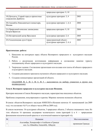 Программа дополнительного образования. Автор - составитель Бодячевская М. Г.
природные критерии: 9, 10
19) Цитадель, Старый город и крепостные
сооружения Дербента
культурные критерии: 3, 4 2003
20) Ансамбль Новодевичьего монастыря,
Москва
культурные критерии: 1, 4, 6 2004
21) Природный комплекс заповедника
Остров Врангеля
природные критерии: 9, 10 2004
22) Исторический центр Ярославля культурные критерии: 2, 6 2005
23) Геодезическая дуга Струве трансграничный объект;
культурные критерии: 2, 4, 6
2005
Практическая работа:
1. Нанесение на контурную карту объекта Всемирного природного и культурного наследия
России.
2. Работа с различными источниками информации и составление памятки туристу
посещающему объект природного и культурного наследия.
3. Творческое задание. Составление презентации или коллажа или газеты об объекте природного
и культурного наследия.
4. Создание рекламного проспекта изученного объекта природного и культурного наследия.
5. Создание компьютерных презентаций об объекте.
(ЗАДАНИЯ № 2, № 3, № 4, № 5 - выполняются по выбору учащегося в группе или
индивидуально)
Тема 6. Всемирное природное и культурное наследие Испании.
Критерии внесения в Список Всемирного наследия, характеристика внесенных объектов.
Проблемы сохранения, популяризации и туризма. Мировое значение испанских объектов.
В списке объектов Всемирного наследия ЮНЕСКО в Испании значится 41 наименований (на 2009
год), это составляет 4,6 % от общего числа (890 на 2009 год).
В список включены: 36 культурных объектов, 3 природных объекта, 2 объекта смешанного типа. Из
этих объектов 16 признаны шедеврами человеческого гения (критерий i) и 4 — природными
феноменами исключительной красоты и эстетической важности (критерий vii).
№ Название Местоположение
1
Альгамбра, Хенералифе и Альбасин в Гранаде
исп. La Alhambra, Generalife, Albayzín
провинция Гранада
8
 