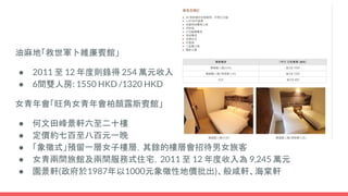 油麻地「救世軍卜維廉賓館」
● 2011 至 12 年度則錄得 254 萬元收入
● 6間雙人房: 1550 HKD /1320 HKD
女青年會「旺角女青年會柏顏露斯賓館」
● 何文田峰景軒六至二十樓
● 定價約七百至八百元一晚
● 「象徵式」預留一層女子樓層，其餘的樓層會招待男女旅客
● 女青兩間旅館及兩間服務式住宅，2011 至 12 年度收入為 9,245 萬元
● 園景軒(政府於1987年以1000元象徵性地價批出)、般咸軒、海棠軒
 