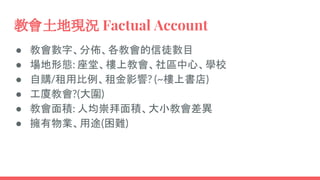 教會土地現況 Factual Account
● 教會數字、分佈、各教會的信徒數目
● 場地形態: 座堂、樓上教會、社區中心、學校
● 自購/租用比例、租金影響? (~樓上書店)
● 工廈教會?(大圍)
● 教會面積: 人均崇拜面積、大小教會差異
● 擁有物業、用途(困難)
 