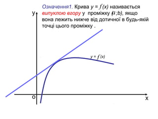 х
у
о
y = (x)f
Означення1. Крива у = (x) називається
випуклою вгору у проміжку ( ;b), якщо
вона лежить нижче від дотичної в будь-якій
точці цього проміжку .
f
а
 