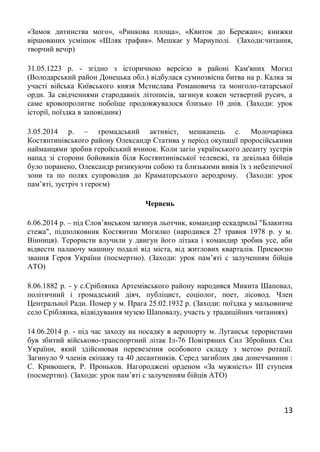 13
«Замок дитинства мого», «Ринкова площа», «Квиток до Бережан»; книжки
віршованих усмішок «Шляк трафив». Мешкає у Мариуполі. (Заходи:читання,
творчий вечір)
31.05.1223 р. - згідно з історичною версією в районі Кам'яних Могил
(Володарський район Донецька обл.) відбулася сумнозвісна битва на р. Калка за
участі війська Київського князя Мстислава Романовича та монголо-татарської
орди. За свідченнями стародавніх літописів, загинув кожен четвертий русич, а
саме кровопролитне побоїще продовжувалося близько 10 днів. (Заходи: урок
історії, поїздка в заповідник)
3.05.2014 р. – громадський активіст, мешканець с. Молочарівка
Костянтинівського району Олександр Статива у період окупації проросійськими
найманцями зробив геройський вчинок. Коли загін українського десанту зустрів
напад зі сторони бойовиків біля Костянтинівської телевежі, та декілька бійців
було поранено, Олександр ризикуючи собою та близькими вивів їх з небезпечної
зони та по полях супроводив до Краматорського аеродрому. (Заходи: урок
пам’яті, зустріч з героєм)
Червень
6.06.2014 р. – під Слов’янськом загинув льотчик, командир ескадрильї "Блакитна
стежа", підполковник Костянтин Могилко (народився 27 травня 1978 р. у м.
Вінниця). Терористи влучили у двигун його літака і командир зробив усе, аби
відвести палаючу машину подалі від міста, від житлових кварталів. Присвоєно
звання Героя України (посмертно). (Заходи: урок пам’яті с залученням бійців
АТО)
8.06.1882 р. - у с.Сріблянка Артемівського району народився Микита Шаповал,
політичний і громадський діяч, публіцист, соціолог, поет, лісовод. Член
Центральної Ради. Помер у м. Прага 25.02.1932 р. (Заходи: поїздка у мальовниче
село Сріблянка, відвідування музею Шаповалу, участь у традиційних читаннях)
14.06.2014 р. - під час заходу на посадку в аеропорту м. Луганськ терористами
був збитий військово-транспортний літак Іл-76 Повітряних Сил Збройних Сил
України, який здійснював перевезення особового складу з метою ротації.
Загинуло 9 членів екіпажу та 40 десантників. Серед загиблих два донеччанини :
С. Кривошеєв, Р. Проньков. Нагороджені орденом «За мужність» III ступеня
(посмертно). (Заходи: урок пам’яті с залученням бійців АТО)
 