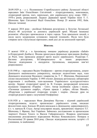 17
20.09.1929 р. - у с. Половинкине Старобільського району Луганської області
народився Іва́н Олексі́йович Світли́чний - літературознавець, мовознавець,
літературний критик, поет, перекладач, діяч українського руху опору 1960—
1970-х років, репресований. Лауреат Державної премії України імені Т. Г.
Шевченка. Брат Світличної Надії Олексіївни. Помер 25 жовтня 1992, Київ.
(Заходи: читання)
У вересні 2014 року - російські бойовики розстріляли в Лутугіне Луганської
області 40 лутугінців за допомогу українській армії. Місцеві мешканці
розповіли: «Расстрел производился в черте города. Тела присыпали землей, а
после место захоронения «утюжили» тяжелой техникой». Після чого було
створено загін «Лутугінські партизани», який досі діє на захопленій території.
Жовтень
У жовтні 1934 р. - в Артемівську знищено українську редакцію «Забой»
(«Літературний Донбас»). Москва проектувала формальне приєднання Донбасу
до Росії, тому проводила репресії проти всього українського. Редактора Г.
Баглюка розстріляно, В.Гайворонського та інших репресовано.
(Заходи: відвідування з екскурсією Артемівська, шанування пам’яті
репресованих)
8.10.1948 р. - народився Вадим Олефіренко - критик-літературознавець, доцент
Донецького національного університету, кандидат педагогічних наук, член
Донецького відділення Наукового товариства ім. Т. Г. Шевченка, Національної
спілки письменників України. З 1995 очолює Донецьку регіональну лабораторію
підручників і посібників, член-засновник Українського культурологічного
центру. Лауреат літературної премії ім. В. Сосюри, нагороджений почесною
відзнакою товариства «Україна – Світ». Автор посібників: «Дума і пісня»,
«Таємниця духовного скарбу», «Уроки правди і добра», «Козак Мамай»,
«Підручник з української літератури: історія і теорія». (Заходи: урок по
літературі рідного краю с залученням Олефіренка)
8.10.1928 р. - народилася Феня Дмитрівна Пустова - відомий український
літературознавець, педагог, пропагандист українського слова, кандидат
філологічних наук. Близько 40 років викладала в Донецькому держуніверситеті,
в т. ч. навчала В. Стуса. Автор популярних видань, присвячених творчості Т.Г.
Шевченка, І. Франка, Лесі Українки. Займалась дослідженням та пропагандою
творчості Олекси Тихого та Василя Гайворонського. Відкрила донеччанам
письменника розстріляного відродження Фелікса Ковалевського. Померла в
Костянтинівці 28 травня 2010 року. (Заходи: відвідування могили, зустрічі з її
учениками, та знайомими)
 