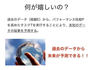何が嬉しいの？
過去のデータ（経験E）から、パフォーマンス性能P
を高めたタスクTを実行することにより、未知のデー
タの結果を予測する。
過去のデータから 
未来が予測できる！！
 