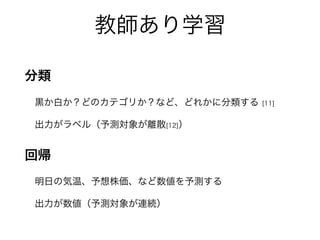 教師あり学習
分類
黒か白か？どのカテゴリか？など、どれかに分類する [11]
出力がラベル（予測対象が離散[12]）
回帰
明日の気温、予想株価、など数値を予測する
出力が数値（予測対象が連続）
 