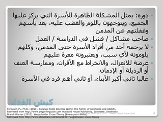 ‫الفداء‬ ‫كبش‬
‫دوره‬:‫عل‬ ‫يركز‬ ‫التي‬ ‫لألسرة‬ ‫الظاهرة‬ ‫المشكلة‬ ‫يمثل‬‫يها‬
‫يأس‬ ‫بعد‬ ،‫عليه‬ ‫والغضب‬ ‫باللوم‬ ‫ويتوجهون‬ ،‫الجميع‬‫هم‬
‫المدمن‬ ‫عن‬ ‫وغفلتهم‬
‫مشاكل‬ ‫صاحب‬/‫الدراسة‬ ‫في‬ ‫فشل‬/‫العمل‬
‫وكلهم‬ ،‫المدمن‬ ‫حتى‬ ‫األسرة‬ ‫أفراد‬ ‫من‬ ‫أحد‬ ‫يرحمه‬ ‫ال‬
‫عليهم‬ ‫معرة‬ ‫ويعتبرونه‬ ،‫سبب‬ ‫ألي‬ ‫يلومونه‬
‫العنف‬ ‫وممارسة‬ ،‫األقران‬ ‫مع‬ ‫واالنخراط‬ ،‫لالنعزال‬ ‫عرضة‬
‫اإلدمان‬ ‫أو‬ ‫الرذيلة‬ ‫أو‬
‫األسر‬ ‫في‬ ‫فرد‬ ‫أهم‬ ‫ثاني‬ ‫أو‬ ،‫األبناء‬ ‫أكبر‬ ‫ثاني‬ ‫غالبا‬‫ة‬
Ferguson PL, Ph.D. (2011). Survival Roles Develop Within The Family of Alcoholics and Addicts.
Retrieved from http://www.peggyferguson.com Hubbard House Publishing, Stillwater, Oklahoma.
Brandi Warner (2010). Wegscheider Cruse Theory [Powerpoint slides].
Retrieved from http://www.slideshare.net/bmw82301/wegscheider-cruse-theory
‫مركز‬‫الرعاية‬‫النفسية‬‫للقوات‬‫المسلحة‬ 12‫اإلدمان‬ ‫نفسي‬ ‫مرشد‬ ‫إعداد‬
 