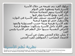 ‫األسرة‬ ‫ظم‬ُ‫ن‬ ‫نظرية‬
‫األسرة‬ ‫خالل‬ ‫من‬ ‫تقييمه‬ ‫يتم‬ ‫الفرد‬ ‫سلوك‬
‫الدوام‬ ‫على‬ ‫ومتطورة‬ ‫نامية‬ ‫األسرة‬
‫متبادلة‬ ‫اعتمادية‬ ‫بينهم‬ ‫األسرة‬ ‫أفراد‬
‫فيها‬ ‫ويؤثر‬ ‫األسرة‬ ‫بوضع‬ ‫الفرد‬ ‫يتأثر‬
‫التوازن‬ ‫في‬ ‫األسرة‬ ‫ظم‬ُ‫ن‬ ‫تسعى‬ ،‫الجسم‬ ‫أجهزة‬ ‫مثل‬
‫مرضية‬ ‫بصورة‬ ‫لو‬ ‫حتى‬ ‫واالستقرار‬
‫والنفوذ‬ ‫المسئولية‬ ‫حسب‬ ‫مرتبة‬ ‫هرمية‬ ‫األسرة‬ ‫ظم‬ُ‫ن‬
‫يشكلون‬ ‫األسرة‬ ‫داخل‬ ‫األفراد‬ ‫بعض‬:‫فرعية‬ ‫منظومة‬
‫وليس‬ ‫األسرة‬ ‫في‬ ‫النظم‬ ‫خلل‬ ‫سببها‬ ‫النفسية‬ ‫األعراض‬
‫الفرد‬
‫أسرته‬ ‫عن‬ ‫بمعزل‬ ‫المدمن‬ ‫عالج‬ ‫يمكن‬ ‫ال‬
‫المصاحب‬ ‫االعتماد‬/‫المدمن‬ ‫للفرد‬ ‫المتواطئ‬
Mirsalimi H et al: Ch 15 Family Psychotherapy. In: George Stricker G & Widiger TA (2003): Vol 8 Clinical psychology.
Weiner IB ed: Handbook of psychology. John Wiley & Sons, Inc., Hoboken, New Jersey.‫مركز‬‫الرعاية‬‫النفسية‬‫للقوات‬‫المسلحة‬ 3‫اإلدمان‬ ‫نفسي‬ ‫مرشد‬ ‫إعداد‬
 