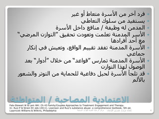 ‫المصاحبة‬ ‫االعتمادية‬/‫المتواطئة‬
‫غير‬ ‫أو‬ ‫متعاط‬ ‫األسرة‬ ‫من‬ ‫آخر‬ ‫فرد‬
‫التعاطي‬ ‫سلوك‬ ‫من‬ ‫يستفيد‬
‫وظيفة‬ ‫له‬ ‫المدمن‬/‫األسرة‬ ‫داخل‬ ‫منافع‬
‫تحقيق‬ ‫وتعودت‬ ‫تعلمت‬ ‫المدمنة‬ ‫األسر‬”‫المرضي‬ ‫التوازن‬“
‫أفرادها‬ ‫أحد‬ ‫مع‬
‫إنك‬ ‫في‬ ‫وتعيش‬ ،‫الواقع‬ ‫تقييم‬ ‫تفقد‬ ‫المدمنة‬ ‫األسرة‬‫ار‬
‫جماعي‬
‫تمارس‬ ‫المدمنة‬ ‫األسرة‬”‫قواعد‬“‫خالل‬ ‫من‬”‫أدوار‬“‫بعد‬
‫التوازن‬ ‫لهذا‬ ‫الوصول‬
‫والش‬ ‫التوتر‬ ‫من‬ ‫للحماية‬ ‫دفاعية‬ ‫لحيل‬ ‫األسرة‬ ‫تلجأ‬ ‫قد‬‫عور‬
‫باأللم‬
Fals-Stewart W & Lam WK: Ch 43 Family/Couples Approaches to Treatment Engagement and Therapy.
In: Ruiz P & Strain EC eds (2011). Lowinson and Ruiz’s substance abuse: a comprehensive textbook, 5th ed.
Lippincott Williams & Wilkins, Philadelphia ‫مركز‬‫الرعاية‬‫النفسية‬‫للقوات‬‫المسلحة‬ 4‫اإلدمان‬ ‫نفسي‬ ‫مرشد‬ ‫إعداد‬
 
