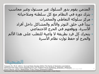 ‫الضحية‬
‫محاس‬ ‫وغير‬ ‫مسئول‬ ‫غير‬ ‫السلوك‬ ‫بدور‬ ‫يقوم‬ ‫المدمن‬‫ب‬
‫وصالحياته‬ ‫سلطته‬ ‫كل‬ ‫مع‬ ‫النظام‬ ‫في‬ ‫دوره‬ ‫يترك‬
‫والمخدرات‬ ‫التعاطي‬ ‫سلوكه‬ ‫مركز‬
‫أفراد‬ ‫داخل‬ ‫والمشاكل‬ ‫واأللم‬ ‫التوتر‬ ‫خلق‬ ‫في‬ ‫يبدأ‬
‫االجتماعي‬ ‫الحرج‬ ‫في‬ ‫ويوقعهم‬ ،‫األسرة‬
‫ا‬ ‫هذا‬ ‫على‬ ‫للتغلب‬ ‫واعية‬ ‫ال‬ ‫بطريقة‬ ‫فرد‬ ‫كل‬ ‫يتحرك‬‫أللم‬
‫األسرة‬ ‫نظام‬ ‫توازن‬ ‫حفظ‬ ‫أو‬ ‫والحرج‬
Ferguson PL, Ph.D. (2011). Survival Roles Develop Within The Family of Alcoholics and Addicts.
Retrieved from http://www.peggyferguson.com Hubbard House Publishing, Stillwater, Oklahoma.
Brandi Warner (2010). Wegscheider Cruse Theory [Powerpoint slides].
Retrieved from http://www.slideshare.net/bmw82301/wegscheider-cruse-theory
‫مركز‬‫الرعاية‬‫النفسية‬‫للقوات‬‫المسلحة‬ 9‫اإلدمان‬ ‫نفسي‬ ‫مرشد‬ ‫إعداد‬
 