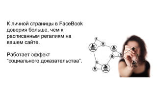 К личной страницы в FaceBook
доверия больше, чем к
расписанным регалиям на
вашем сайте.
Работает эффект
“социального доказательства”.
 