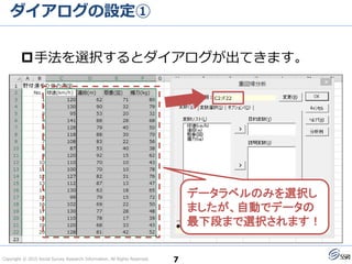 Copyright © 2015 Social Survey Research Information. All Rights Reserved.
ダイアログの設定①
7
手法を選択するとダイアログが出てきます。
データラベルのみを選択し
ましたが、自動でデータの
最下段まで選択されます！
 