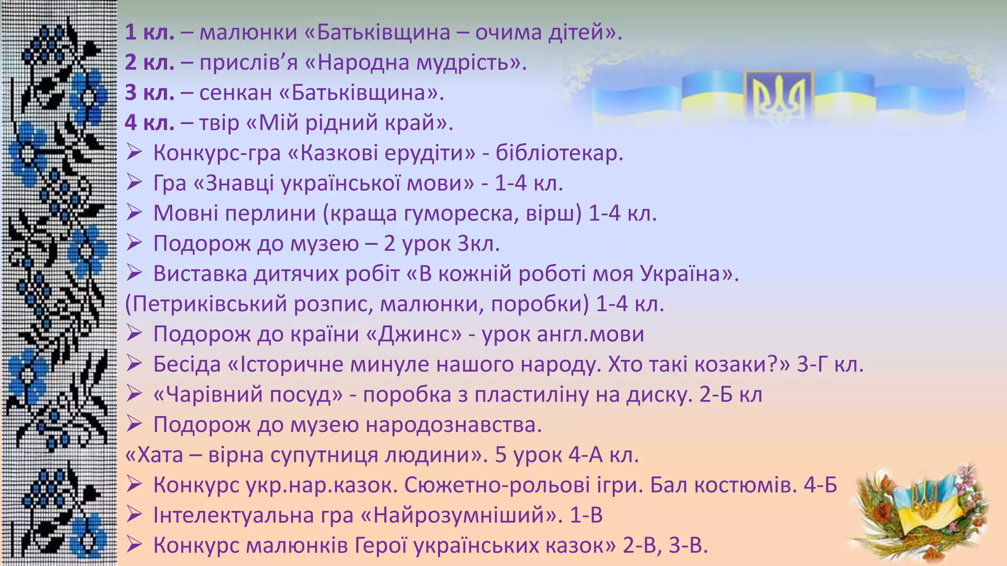 1 кл. – малюнки «Батьківщина – очима дітей».
2 кл. – прислів’я «Народна мудрість».
3 кл. – сенкан «Батьківщина».
4 кл. – твір «Мій рідний край».
 Конкурс-гра «Казкові ерудіти» - бібліотекар.
 Гра «Знавці української мови» - 1-4 кл.
 Мовні перлини (краща гумореска, вірш) 1-4 кл.
 Подорож до музею – 2 урок 3кл.
 Виставка дитячих робіт «В кожній роботі моя Україна».
(Петриківський розпис, малюнки, поробки) 1-4 кл.
 Подорож до країни «Джинс» - урок англ.мови
 Бесіда «Історичне минуле нашого народу. Хто такі козаки?» 3-Г кл.
 «Чарівний посуд» - поробка з пластиліну на диску. 2-Б кл
 Подорож до музею народознавства.
«Хата – вірна супутниця людини». 5 урок 4-А кл.
 Конкурс укр.нар.казок. Сюжетно-рольові ігри. Бал костюмів. 4-Б
 Інтелектуальна гра «Найрозумніший». 1-В
 Конкурс малюнків Герої українських казок» 2-В, 3-В.
 