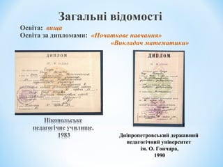 Загальні відомості
Освіта: вища
Освіта за дипломами: «Початкове навчання»
«Викладач математики»
Дніпропетровський державний
педагогічний університет
ім. О. Гончара,
1990
 