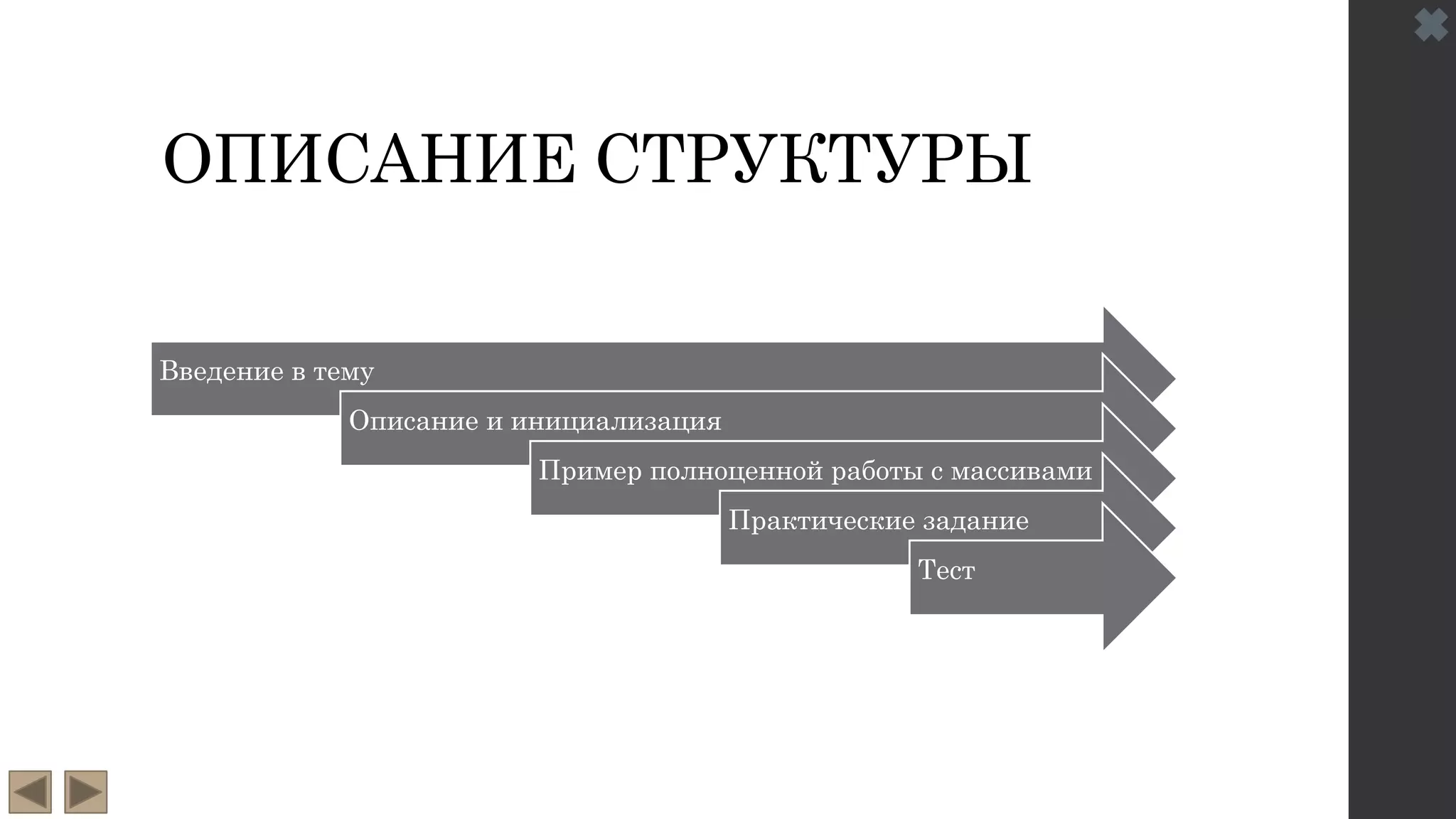 ОПИСАНИЕ СТРУКТУРЫ
Введение в тему
Описание и инициализация
Пример полноценной работы с массивами
Практические задание
Тест
 