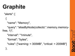 Graphite
"alerts": [
{
"name": "Memory",
"query": "aliasByNode(collectd.*.memory.memory-
free, 1)",
"interval": "1minute",...