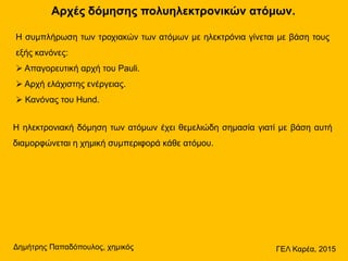 Αρχές δόμησης πολυηλεκτρονικών ατόμων.
Η συμπλήρωση των τροχιακών των ατόμων με ηλεκτρόνια γίνεται με βάση τους
εξής κανόνες:
 Απαγορευτική αρχή του Pauli.
 Αρχή ελάχιστης ενέργειας.
 Κανόνας του Hund.
Η ηλεκτρονιακή δόμηση των ατόμων έχει θεμελιώδη σημασία γιατί με βάση αυτή
διαμορφώνεται η χημική συμπεριφορά κάθε ατόμου.
Δημήτρης Παπαδόπουλος, χημικός ΓΕΛ Καρέα, 2015
 