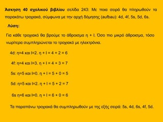 Άσκηση 40 σχολικού βιβλίου σελίδα 243: Με ποια σειρά θα πληρωθούν τα
παρακάτω τροχιακά, σύμφωνα με την αρχή δόμησης (aufbau): 4d, 4f, 5s, 5d, 6s.
Λύση:
Για κάθε τροχιακό θα βρούμε το άθροισμα η + l. Όσο πιο μικρό άθροισμα, τόσο
νωρίτερα συμπληρώνεται το τροχιακό με ηλεκτρόνια.
4d: η=4 και l=2. η + l = 4 + 2 = 6
4f: η=4 και l=3. η + l = 4 + 3 = 7
5s: η=5 και l=0. η + l = 5 + 0 = 5
5d: η=5 και l=2. η + l = 5 + 2 = 7
6s η=6 και l=0. η + l = 6 + 0 = 6
Τα παραπάνω τροχιακά θα συμπληρωθούν με της εξής σειρά: 5s, 4d, 6s, 4f, 5d.
 