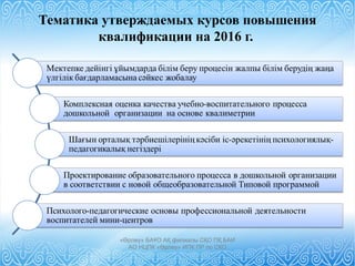 Тематика утверждаемых курсов повышения
квалификации на 2016 г.
«Өрлеу» БАҰО АҚ филиалы СҚО ПҚ БАИ
АО НЦПК «Өрлеу» ИПК ПР по СКО
 