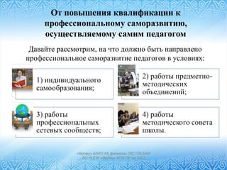 От повышения квалификации к
профессиональному саморазвитию,
осуществляемому самим педагогом
«Өрлеу» БАҰО АҚ филиалы СҚО ПҚ БАИ
АО НЦПК «Өрлеу» ИПК ПР по СКО
Давайте рассмотрим, на что должно быть направлено
профессиональное саморазвитие педагогов в условиях:
 