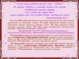 Унаших руках найбільша цінність світу – людина.
Ми творимо людину, як скульптор творить свою статую
з безформенного шматка мармуру :
десь у глибині цієї мертвої брили
сховані прекрасні риси, які належить добути, очистити від зайвого
Сухомлинський В. О.
Всі учні (190 учнів) Оникіївської загальноосвітньої школи І-ІІІ ступенів
переведені до наступних класів. 16 учнів закінчили основну школу,
отримавши базову загальну середню освіту. 22 учні отримали повну
загальну середню освіту, 28 учнів були нагороджені Похвальними
листами “За високі досягнення у навчанні”.
Випускники 2012-2013 навчального року рівень
навчальних досягнень підтвердили такими результатами:
 22 випускника отримали атестати про повну загальну середню освіту. З
них 1 випускник (Туртуріка Віктор) отримав атестат особливого
зразка та був нагороджений Золотою медаллю “За високі досягнення у
навчанні”. 21 випускник – атестати звичайного зразка.
 16 випускників отримали свідоцтва про закінчення базової середньої
освіти. З них 1 випускниця (Петриченко Руслана) отримала
свідоцтво з відзнакою та Похвальний лист “За високі досягнення у
навчанні” і 15 випускників – свідоцтва звичайного зразка.
 