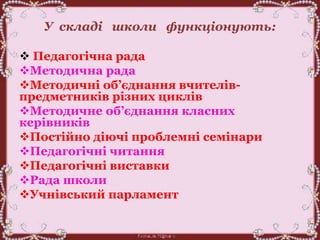 У складі школи функціонують:
 Педагогічна рада
Методична рада
Методичні об’єднання вчителів-
предметників різних циклів
Методичне об’єднання класних
керівників
Постійно діючі проблемні семінари
Педагогічні читання
Педагогічні виставки
Рада школи
Учнівський парламент
 