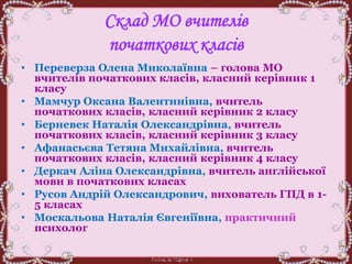 Склад МО вчителів
початкових класів
• Переверза Олена Миколаївна – голова МО
вчителів початкових класів, класний керівник 1
класу
• Мамчур Оксана Валентинівна, вчитель
початкових класів, класний керівник 2 класу
• Берневек Наталія Олександрівна, вчитель
початкових класів, класний керівник 3 класу
• Афанасьєва Тетяна Михайлівна, вчитель
початкових класів, класний керівник 4 класу
• Деркач Аліна Олександрівна, вчитель англійської
мови в початкових класах
• Русов Андрій Олександрович, вихователь ГПД в 1-
5 класах
• Москальова Наталія Євгеніївна, практичний
психолог
 