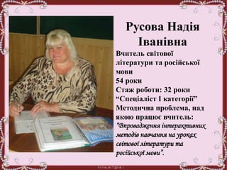 Русова Надія
Іванівна
Вчитель світової
літератури та російської
мови
54 роки
Стаж роботи: 32 роки
“Спеціаліст І категорії”
Методична проблема, над
якою працює вчитель:
“Впровадження інтерактивних
методів навчання на уроках
світової літератури та
російської мови”.
 